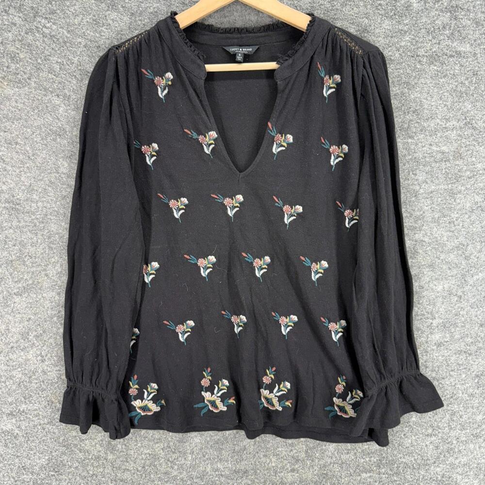 Lucky Brand Blouse Women S Small Black Floral Embroidered V-Neck Long Sleeve